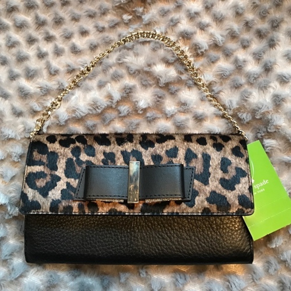 Kate Spade black and leopard calf hair purse/wallet on gold chain